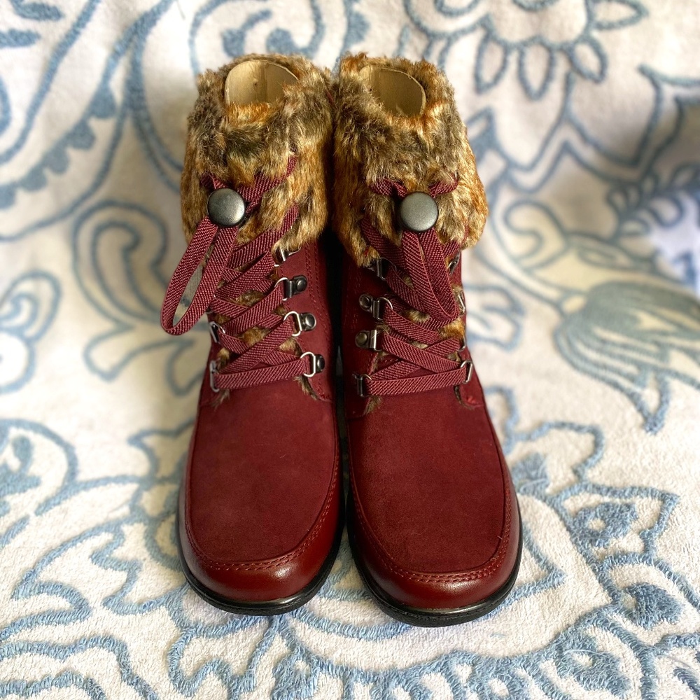 *Brand New* Clarks Kegrns Ramsey Boots Burgundy Leather & Faux Fur Trim